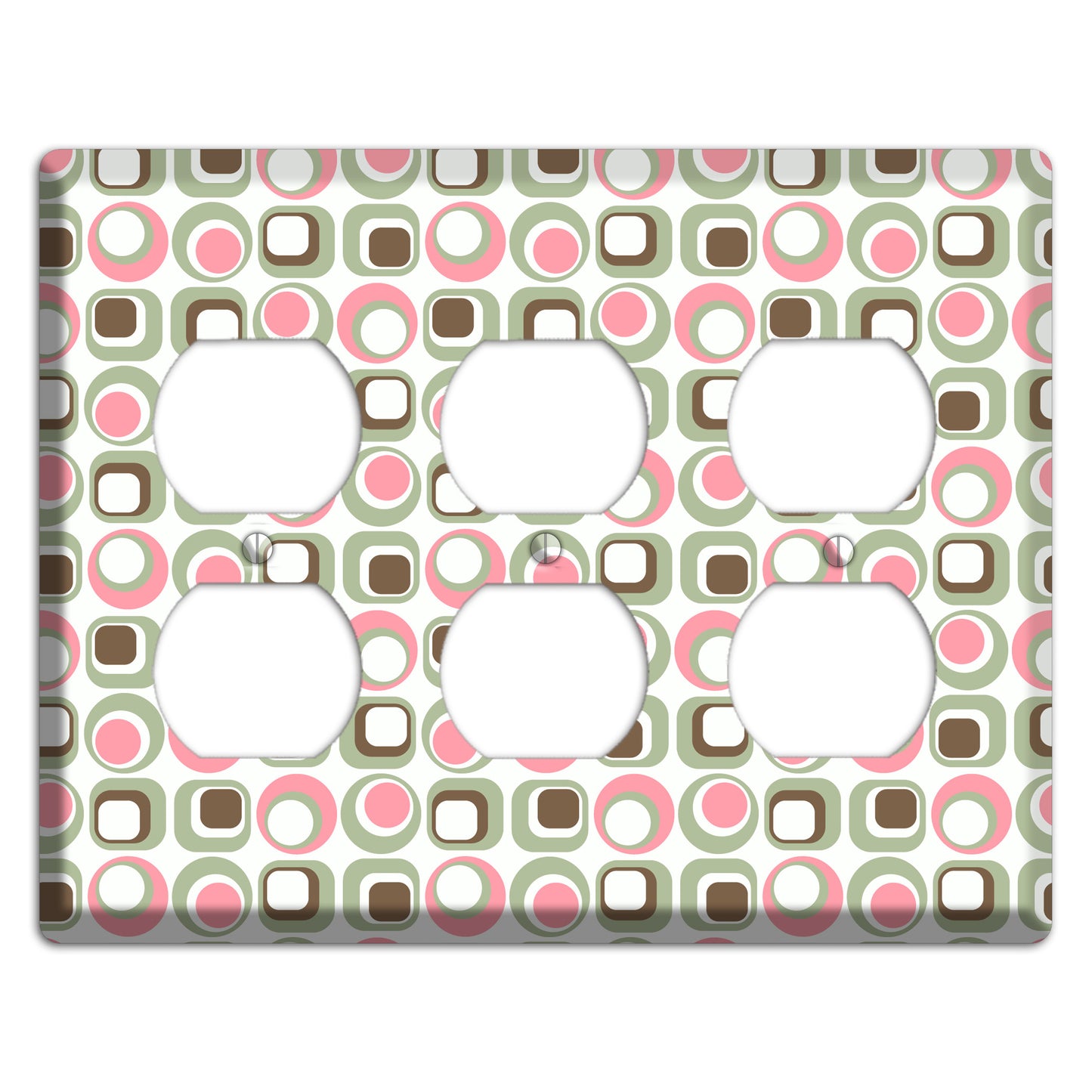 White with Pink Sage Brown Retro Squares and Circles 3 Duplex Wallplate