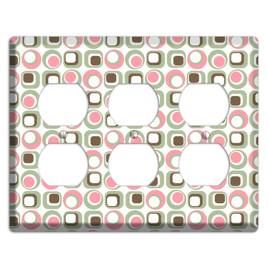 White with Pink Sage Brown Retro Squares and Circles 3 Duplex Wallplate