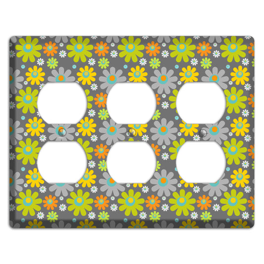 Grey and Yellow Flower Power 3 Duplex Wallplate