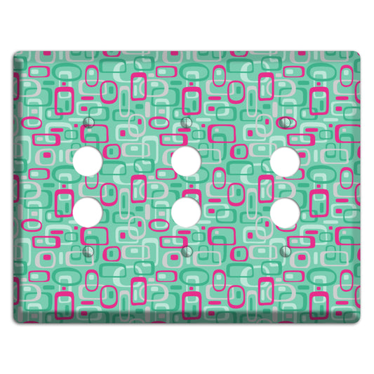 Aqua with Fuschia and Multi Green Retro Squares 3 Pushbutton Wallplate