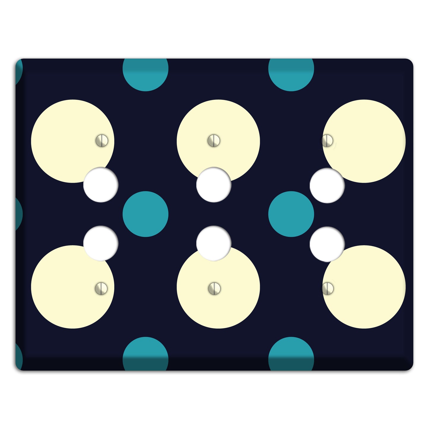 Black with Yellow and Teal Multi Medium Polka Dots 3 Pushbutton Wallplate