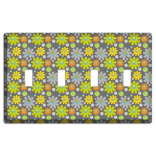 Grey and Yellow Flower Power 4 Toggle Wallplate