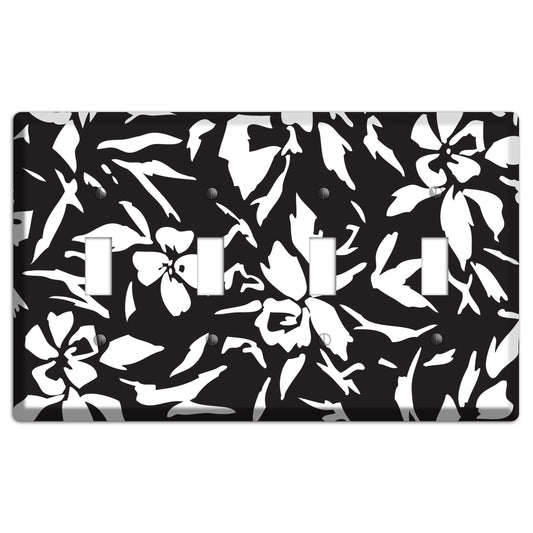 Black with White Woodcut Floral 4 Toggle Wallplate