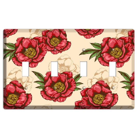 Red Peony Style A 4 Toggle Wallplate