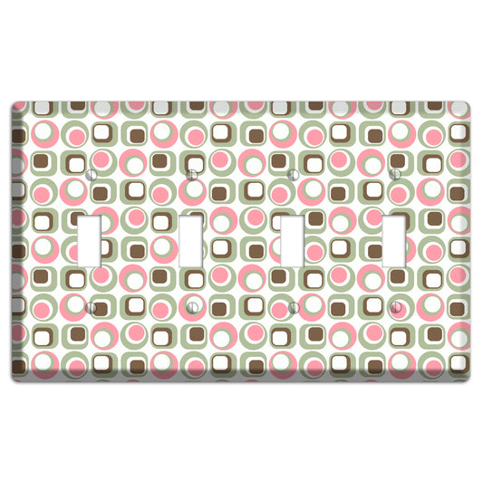 White with Pink Sage Brown Retro Squares and Circles 4 Toggle Wallplate