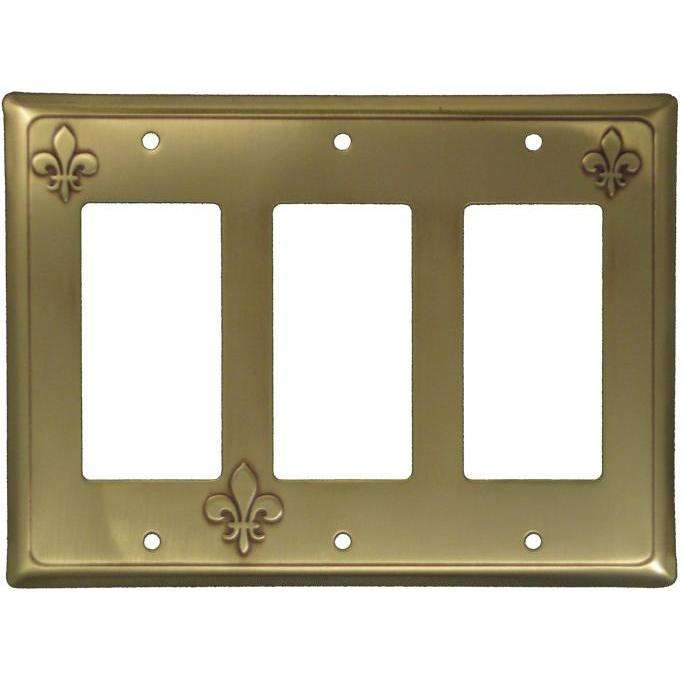 Fleur-de-Lis Antique Brass Triple Rocker Switchplate:Wallplatesonline.com