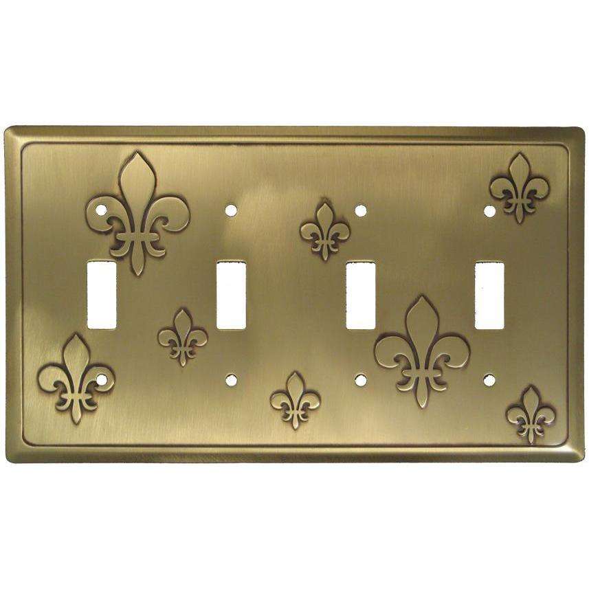 Fleur-de-Lis Antique Brass 4 Toggle Switchplate:Wallplatesonline.com