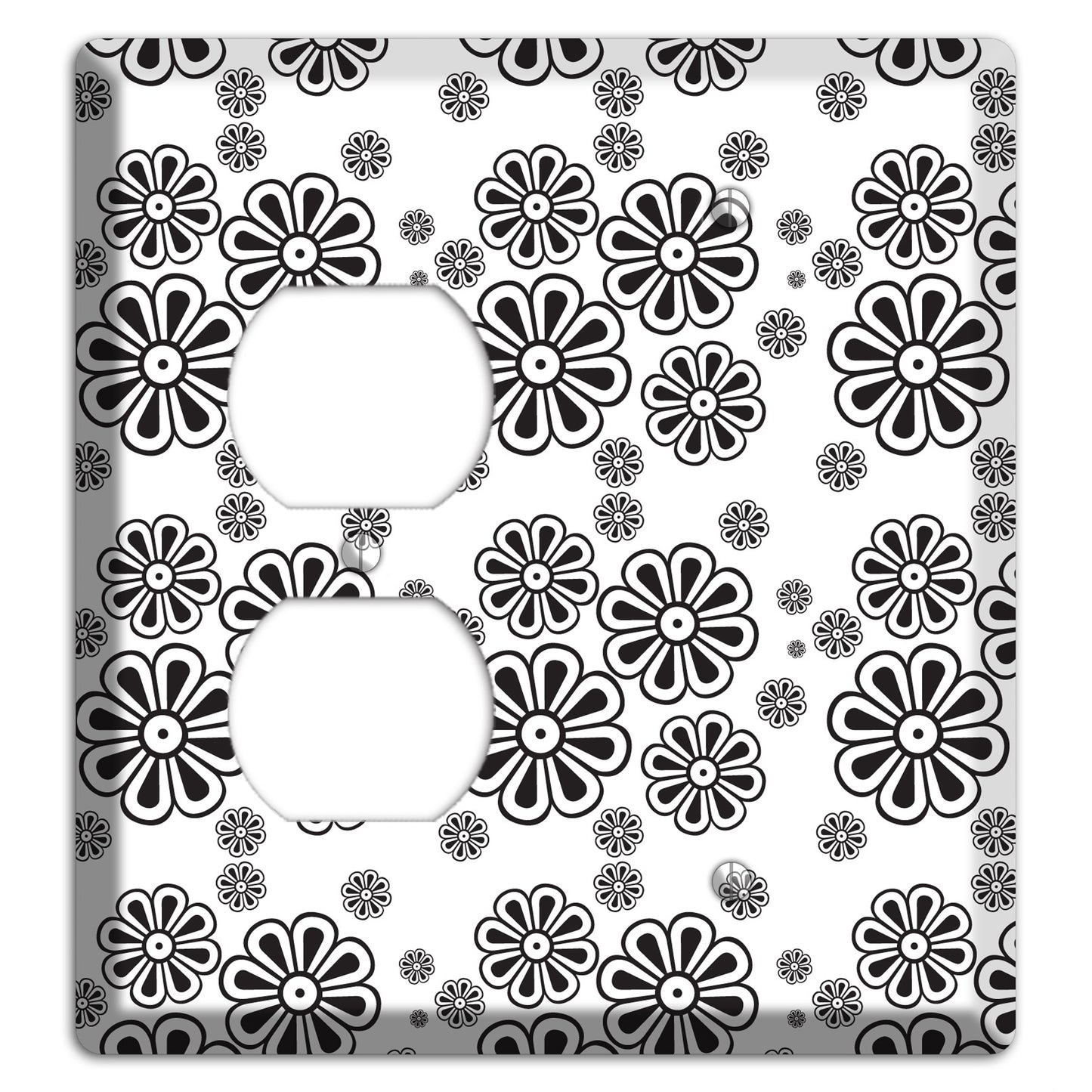 White With Black Small Retro Floral Contour Duplex / Blank Wallplate