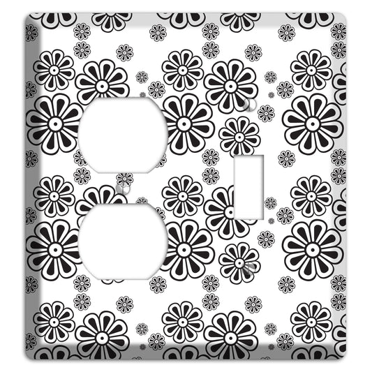 White With Black Small Retro Floral Contour Duplex / Toggle Wallplate