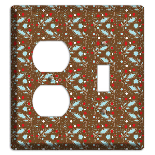 Brown with Red and Dusty Blue Retro Sprig Duplex / Toggle Wallplate