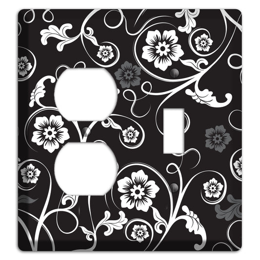 Black with White Flower Sprig Duplex / Toggle Wallplate