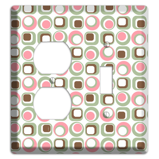 White with Pink Sage Brown Retro Squares and Circles Duplex / Toggle Wallplate