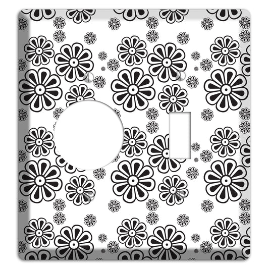 White With Black Small Retro Floral Contour Receptacle / Toggle Wallplate