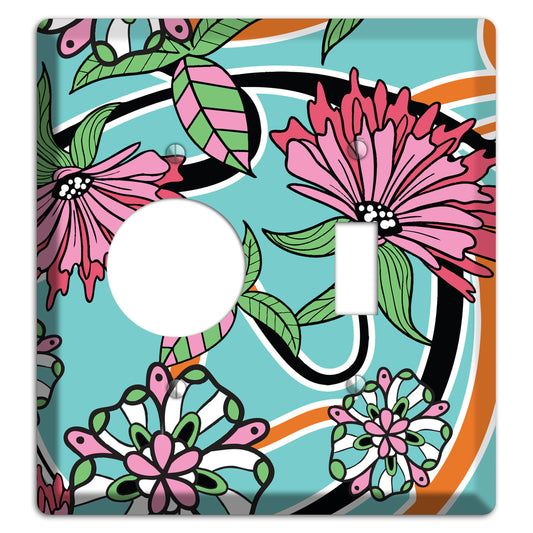 Turquoise with Pink Flowers Receptacle / Toggle Wallplate