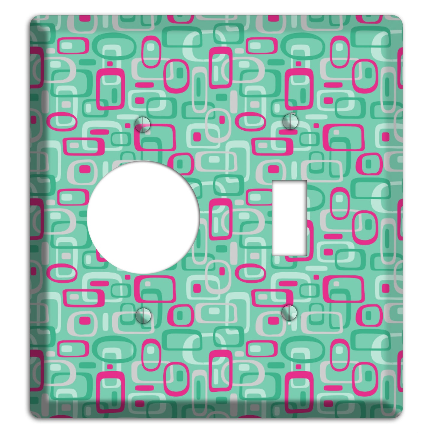 Aqua with Fuschia and Multi Green Retro Squares Receptacle / Toggle Wallplate