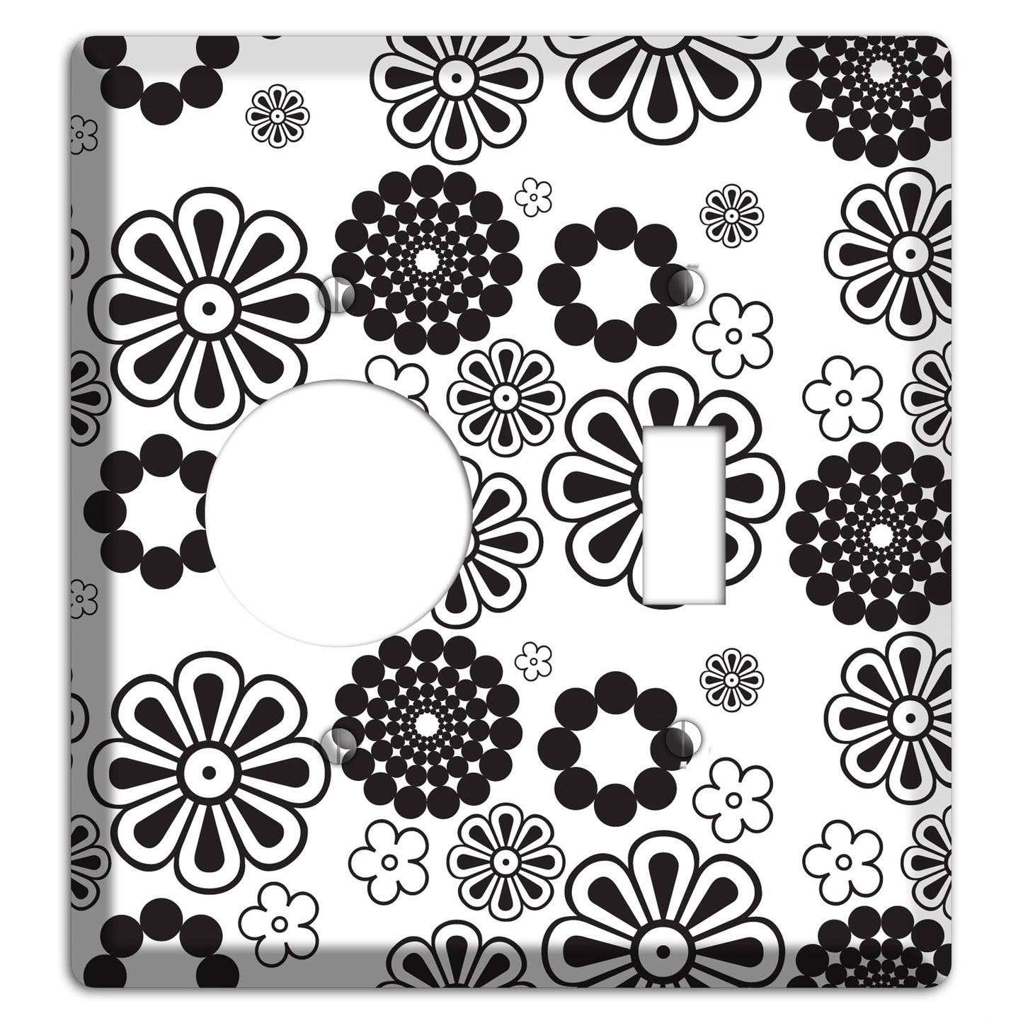 White With Black Retro Floral Contour Receptacle / Toggle Wallplate