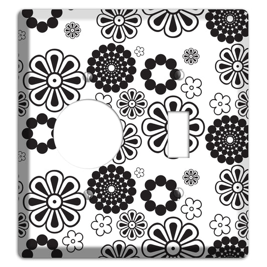 White With Black Retro Floral Contour Receptacle / Toggle Wallplate