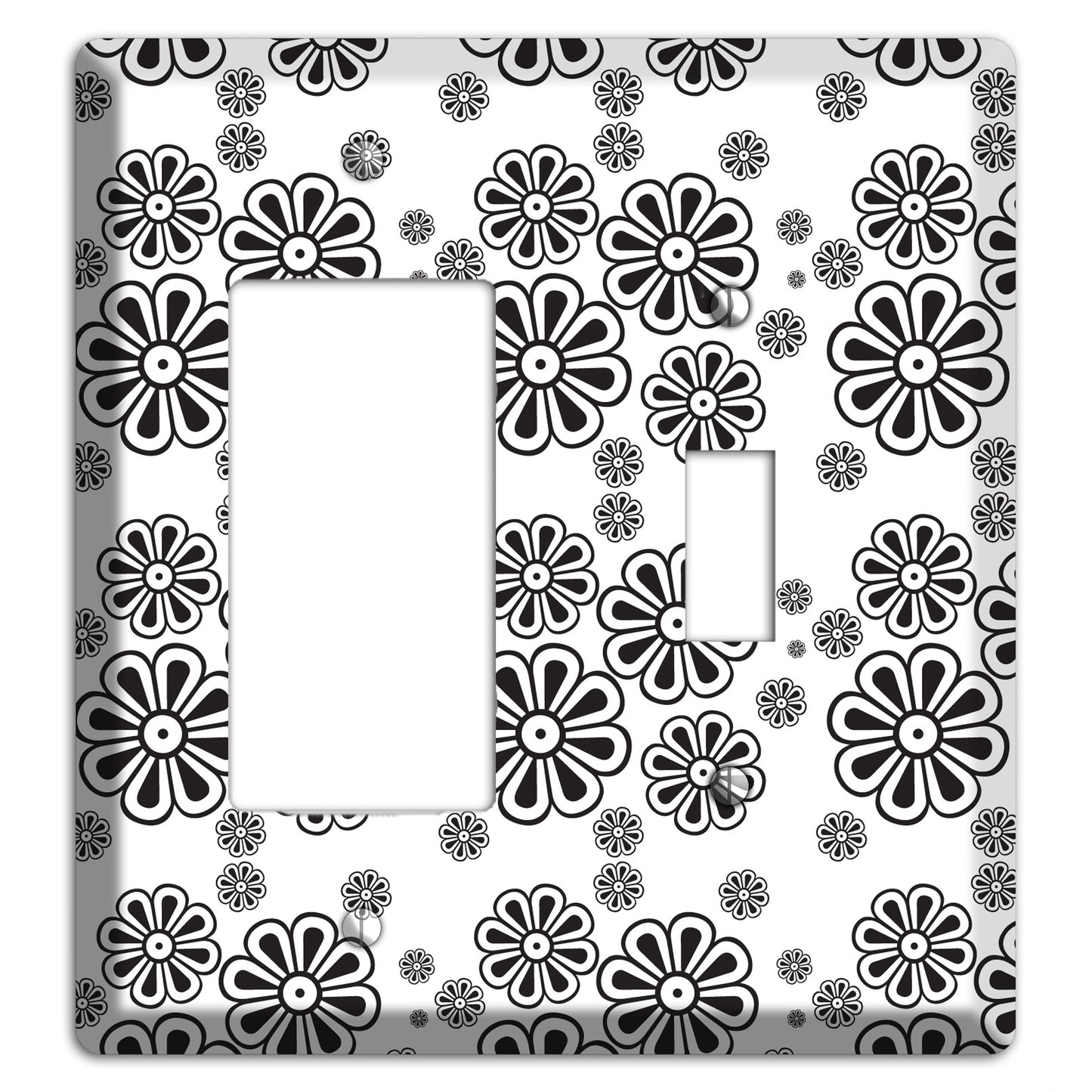 White With Black Small Retro Floral Contour Rocker / Toggle Wallplate