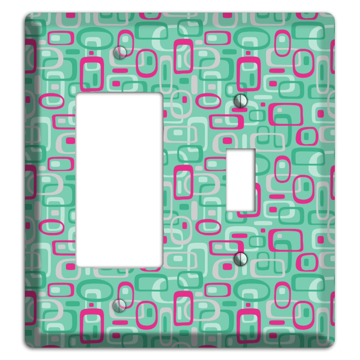 Aqua with Fuschia and Multi Green Retro Squares Rocker / Toggle Wallplate