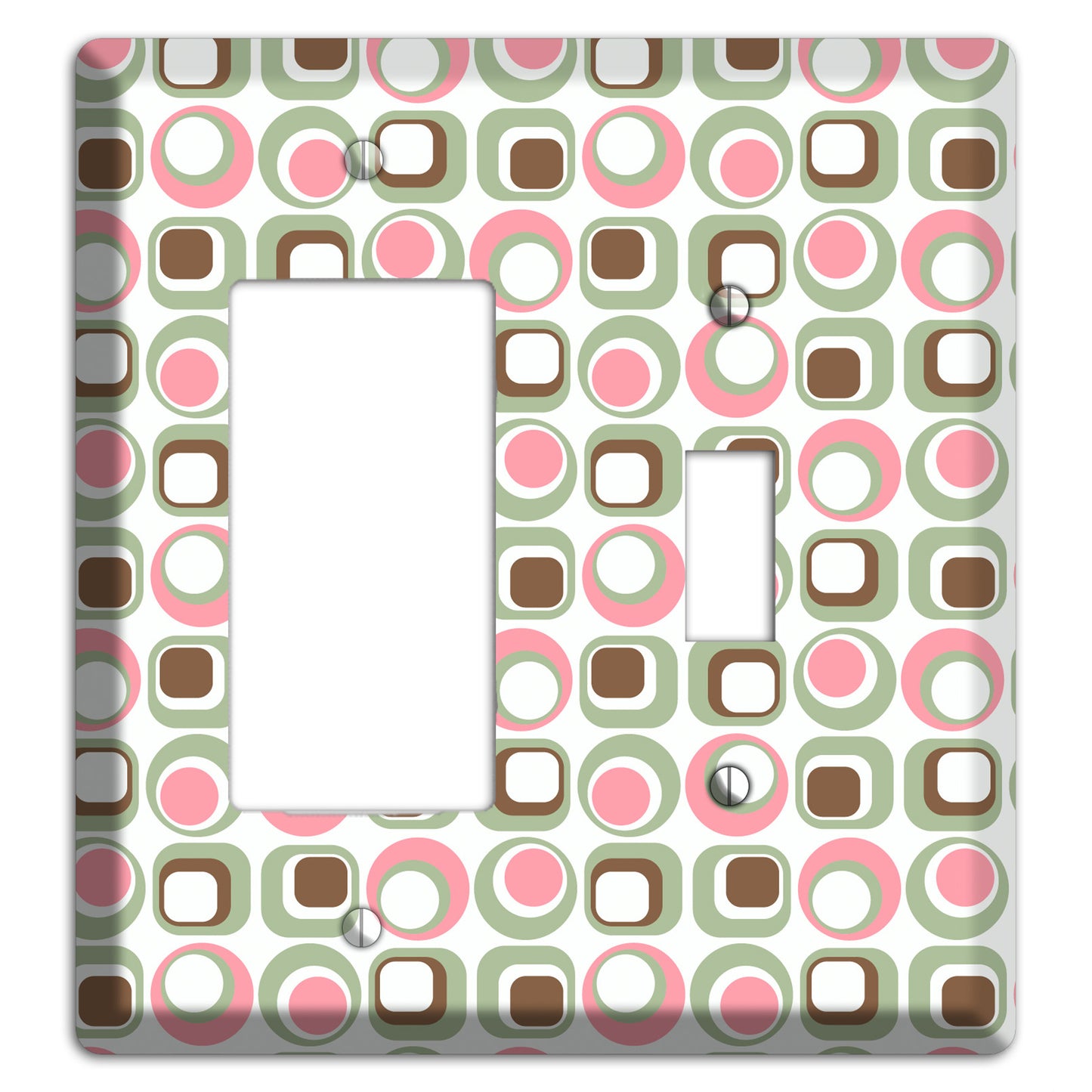 White with Pink Sage Brown Retro Squares and Circles Rocker / Toggle Wallplate