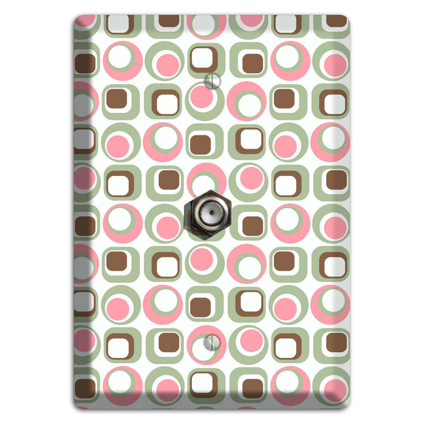 White with Pink Sage Brown Retro Squares and Circles Cable Wallplate