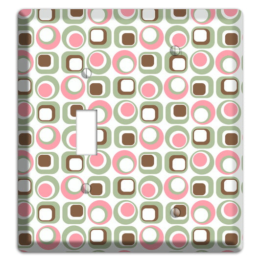 White with Pink Sage Brown Retro Squares and Circles Toggle / Blank Wallplate