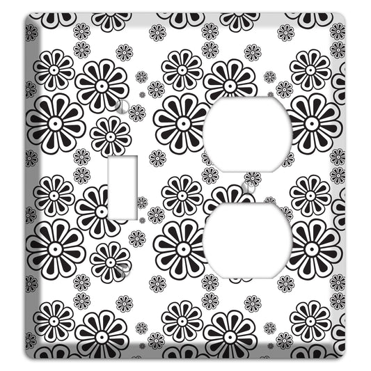 White With Black Small Retro Floral Contour Toggle / Duplex Wallplate