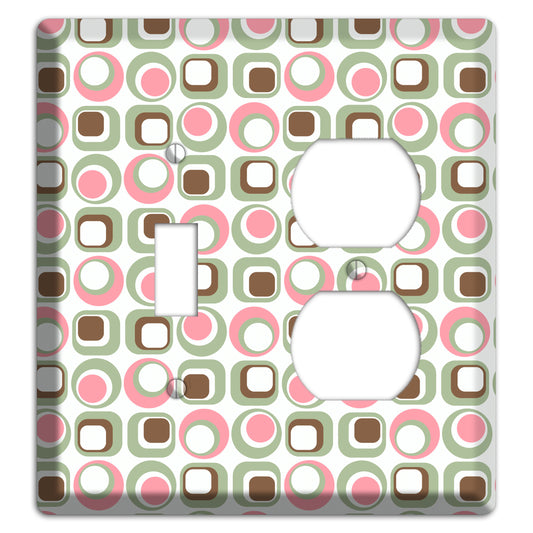 White with Pink Sage Brown Retro Squares and Circles Toggle / Duplex Wallplate