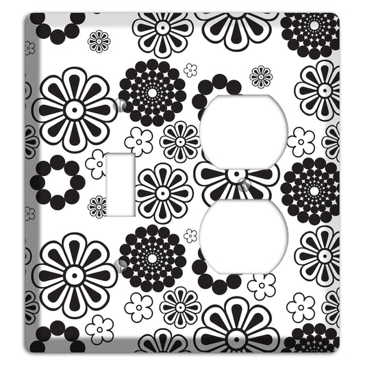 White With Black Retro Floral Contour Toggle / Duplex Wallplate