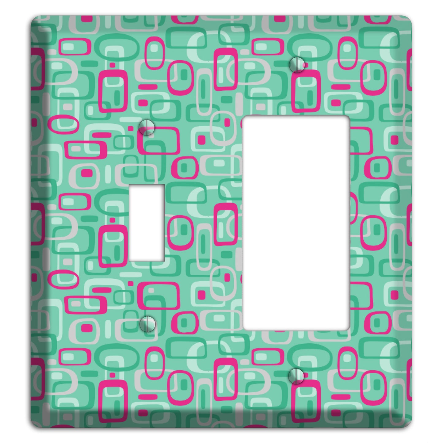 Aqua with Fuschia and Multi Green Retro Squares Toggle / Rocker Wallplate