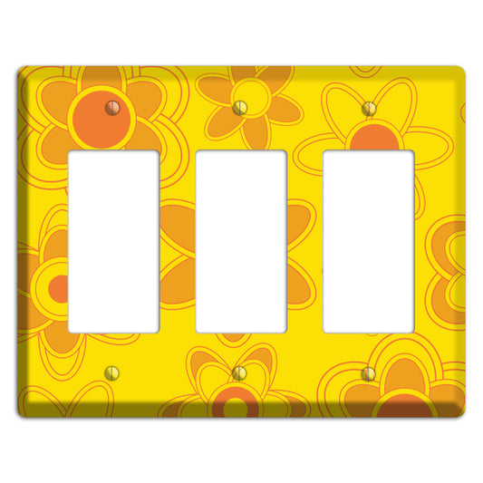 Yellow with Orange Retro Floral Contour 3 Rocker Wallplate