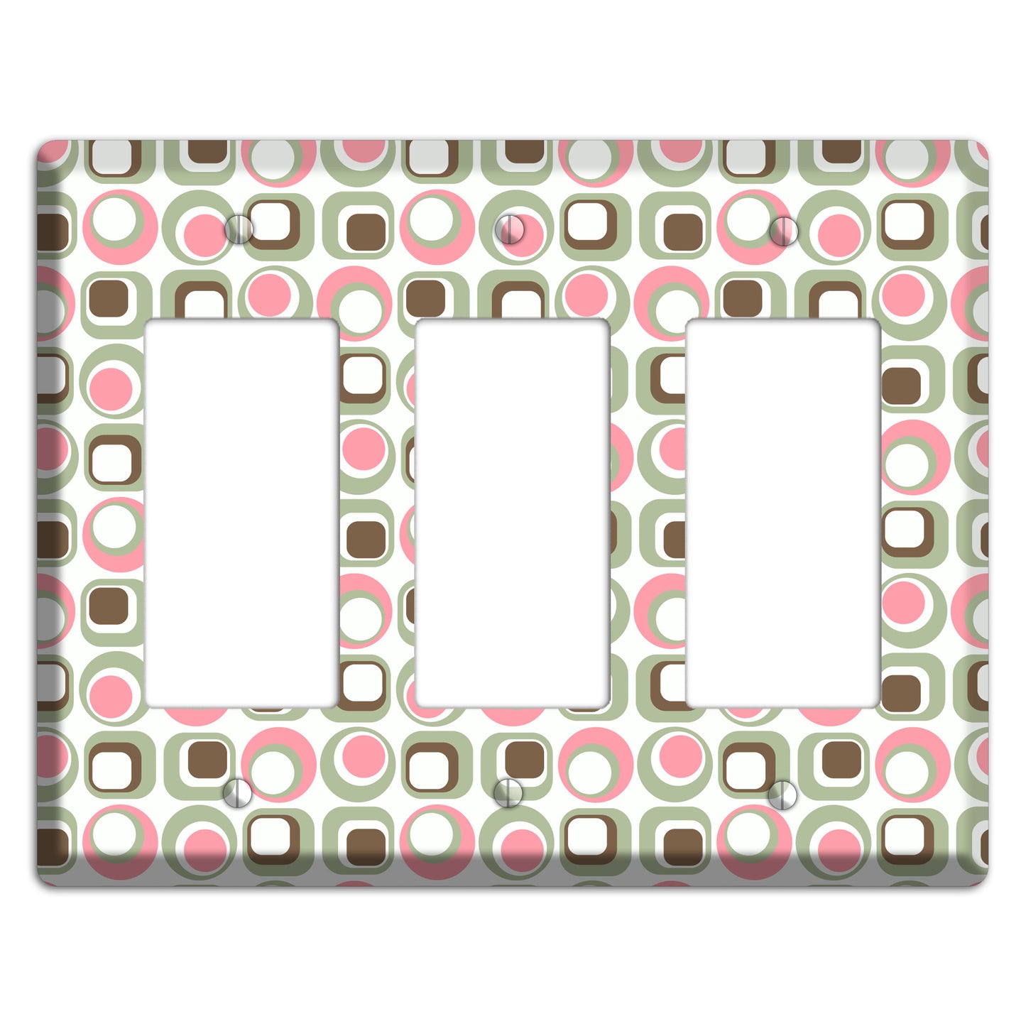 White with Pink Sage Brown Retro Squares and Circles 3 Rocker Wallplate